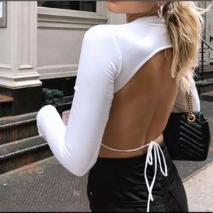 White Long Sleeve Cut Out Tie Crop Top